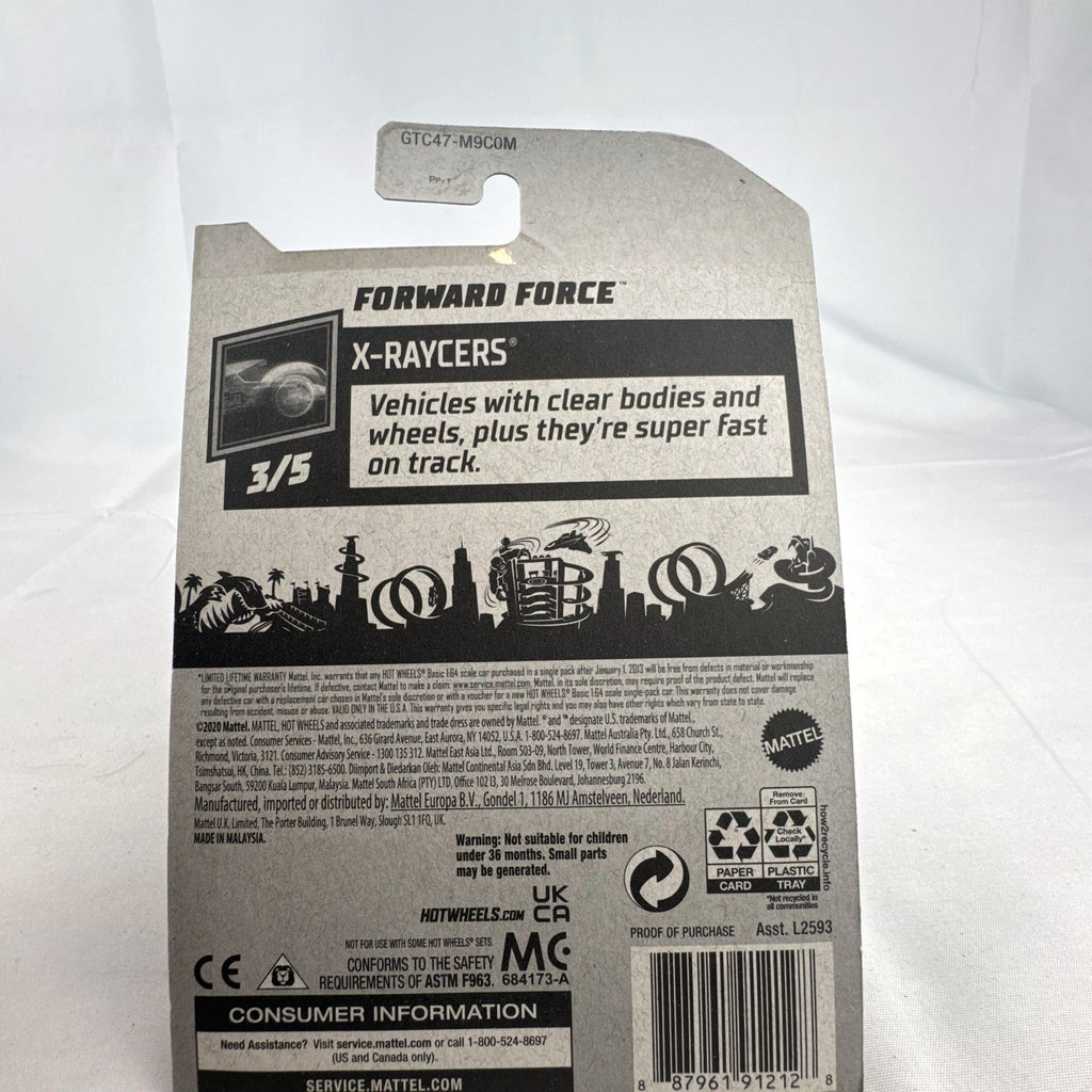 Hot Wheels 1:64 scale Forward Force diecast car in translucent blue from the 2021 X-Raycers series sealed on packaging.