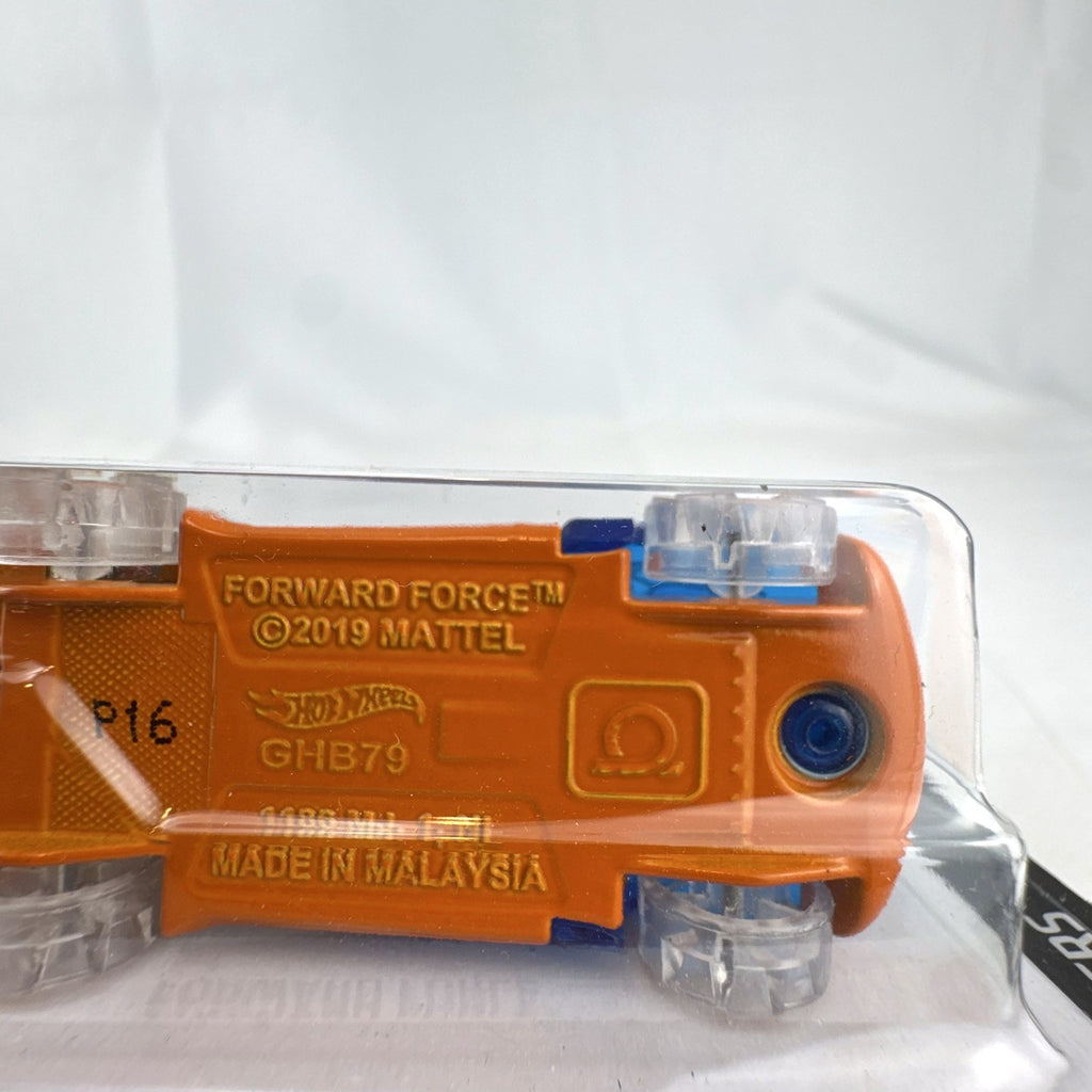 Hot Wheels 1:64 scale Forward Force diecast car in translucent blue from the 2021 X-Raycers series sealed on packaging.