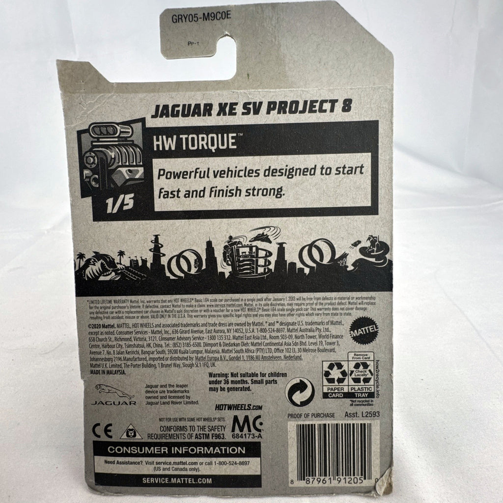 Hot Wheels 1:64 scale Jaguar XE SV Project 8 diecast car in red sealed on original HW Torque packaging card.