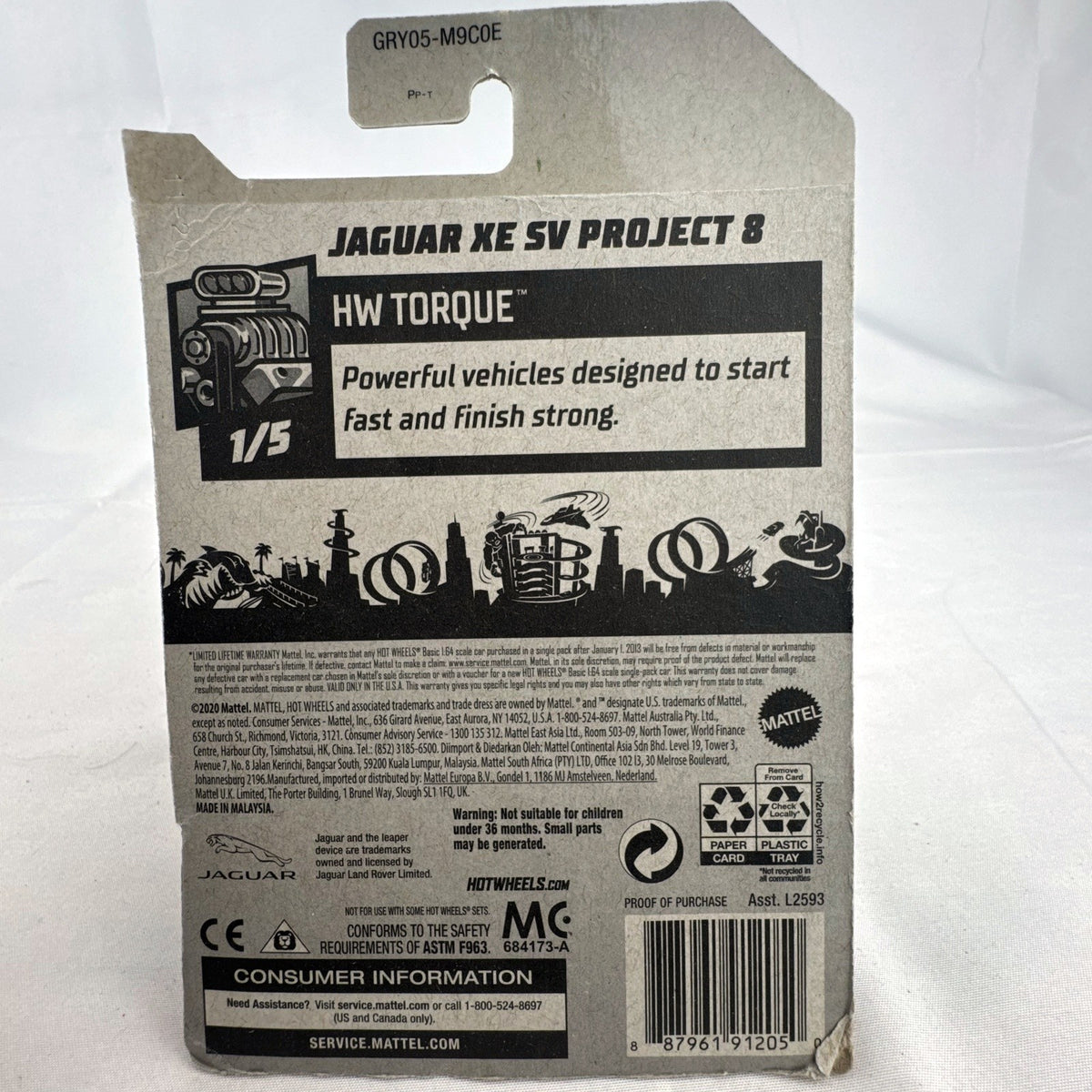 Hot Wheels 1:64 scale Jaguar XE SV Project 8 diecast car in red sealed on original HW Torque packaging card.