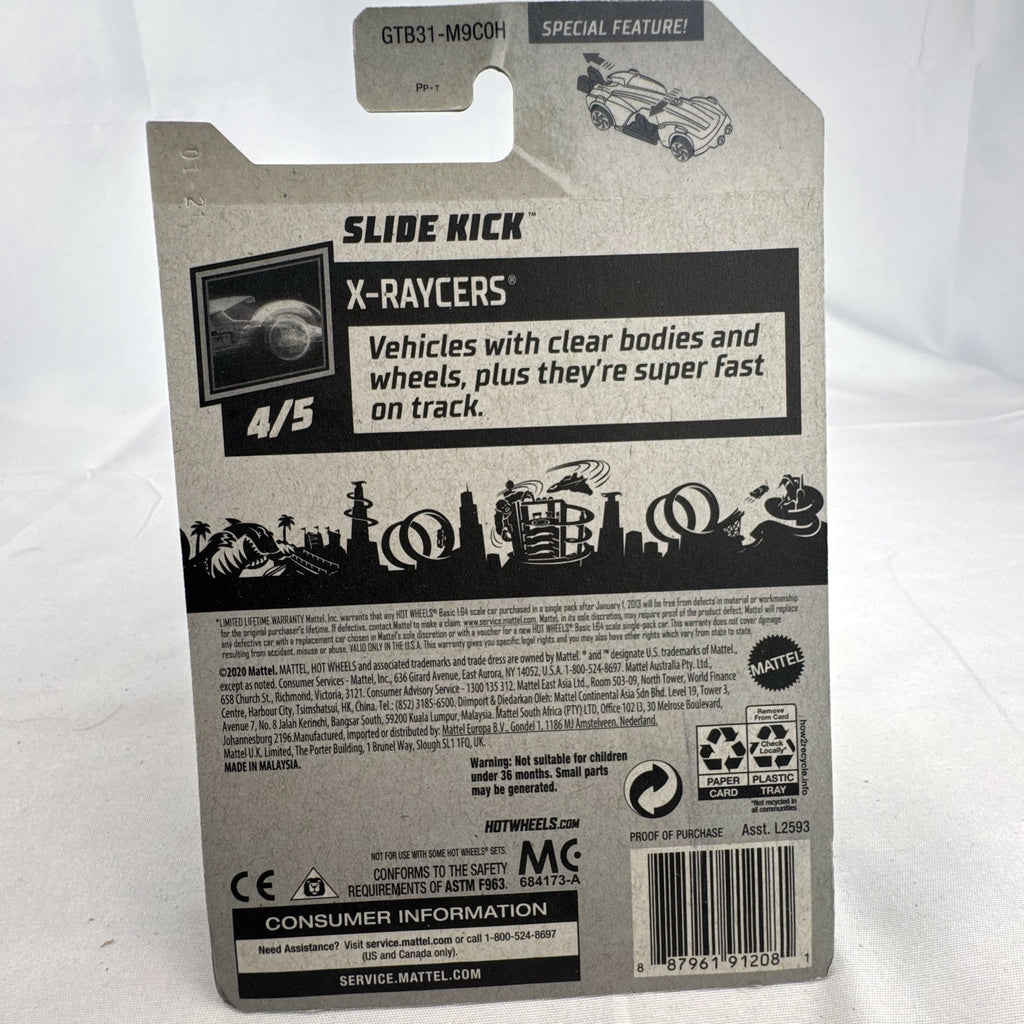 Sealed 2021 Hot Wheels Slide Kick 1:64 diecast car in translucent red from the X-Raycers series.