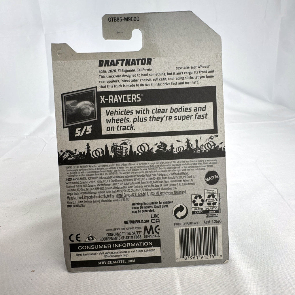 Hot Wheels 2021 Draftnator 1:64 diecast racing truck in translucent blue sealed on original packaging card
