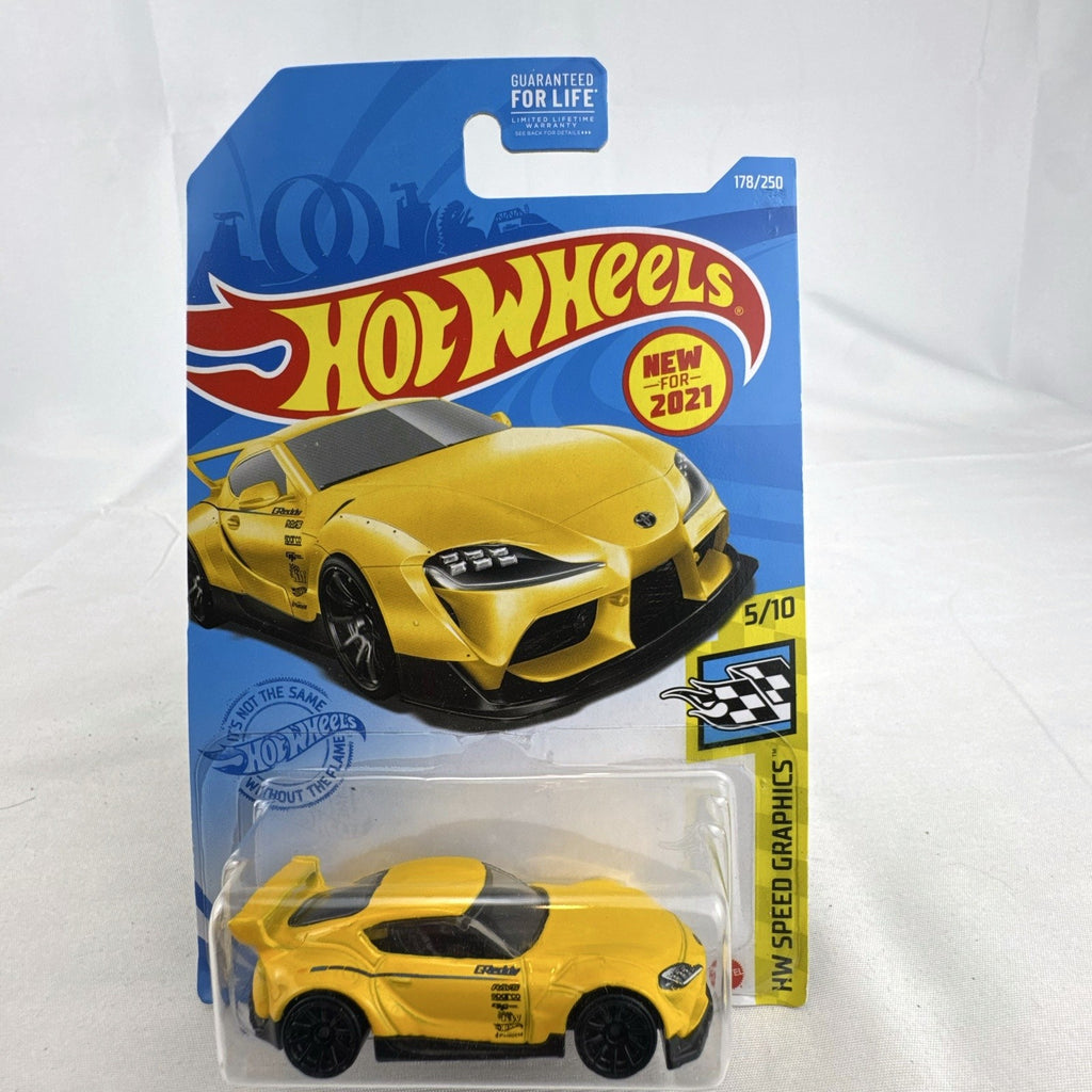 Hot Wheels 1:64 scale 2020 Toyota GR Supra diecast car in yellow, factory sealed on HW Speed Graphics card