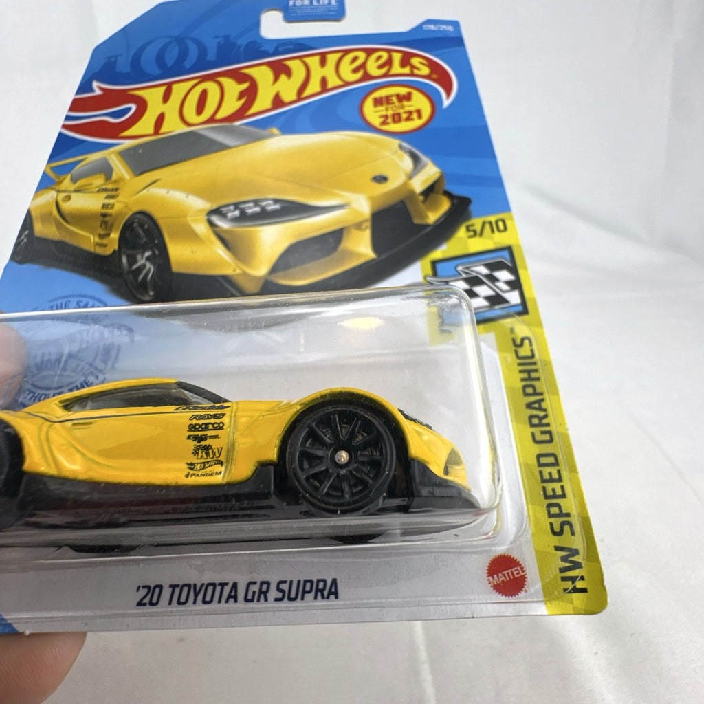 Hot Wheels 1:64 scale 2020 Toyota GR Supra diecast car in yellow, factory sealed on HW Speed Graphics card