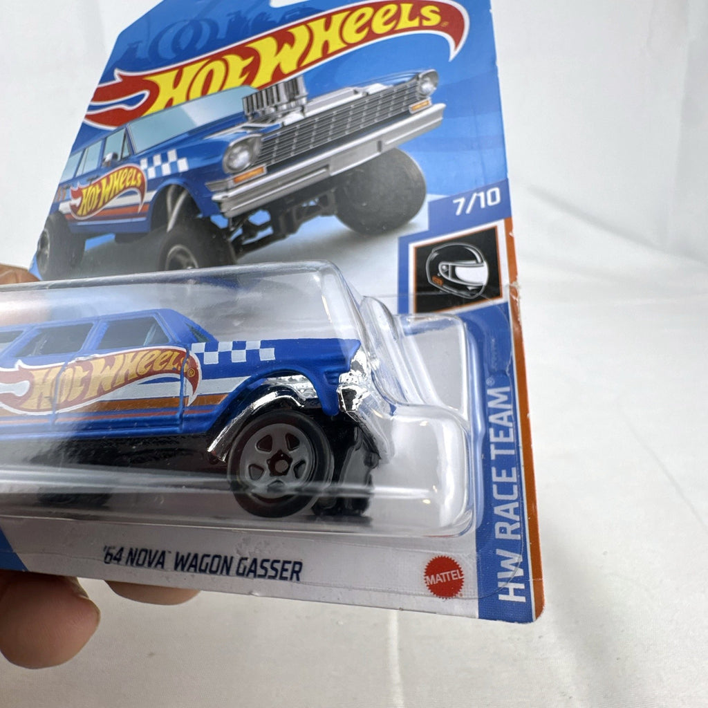 Hot Wheels 1:64 scale 1964 Chevy Nova Wagon Gasser in HW Race Team blue sealed packaging.