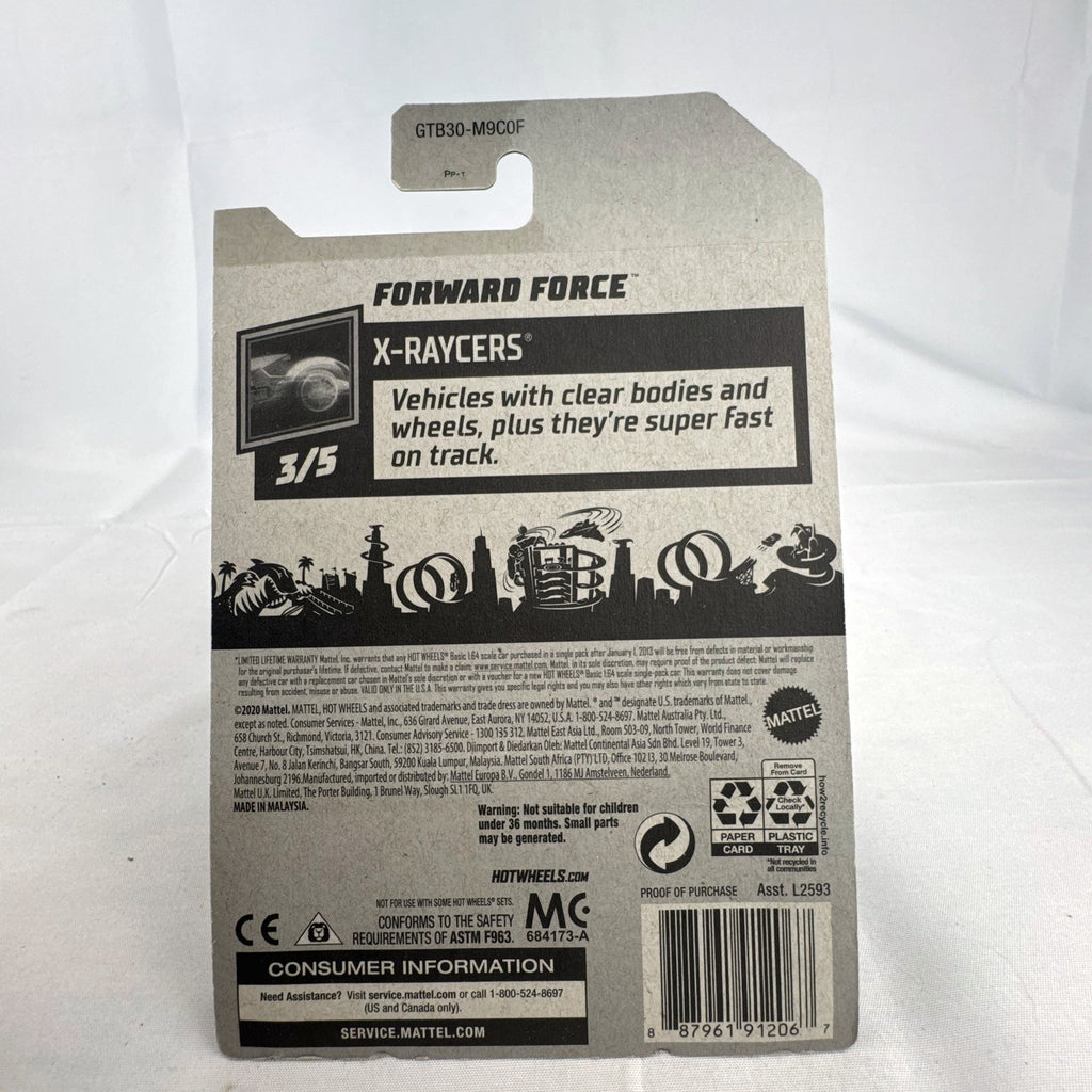 Hot Wheels 1:64 scale Forward Force diecast car in translucent purple from the X-Raycers series in original packaging.