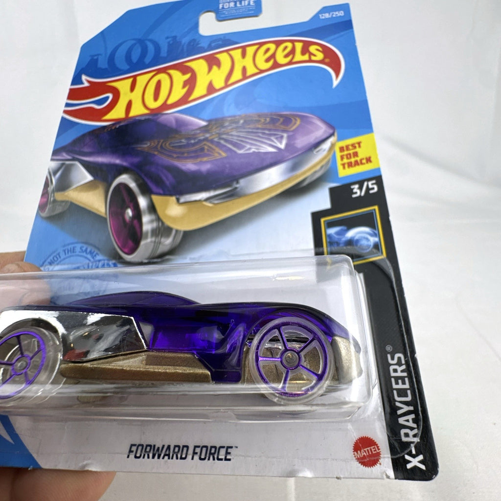 Hot Wheels 1:64 scale Forward Force diecast car in translucent purple from the X-Raycers series in original packaging.
