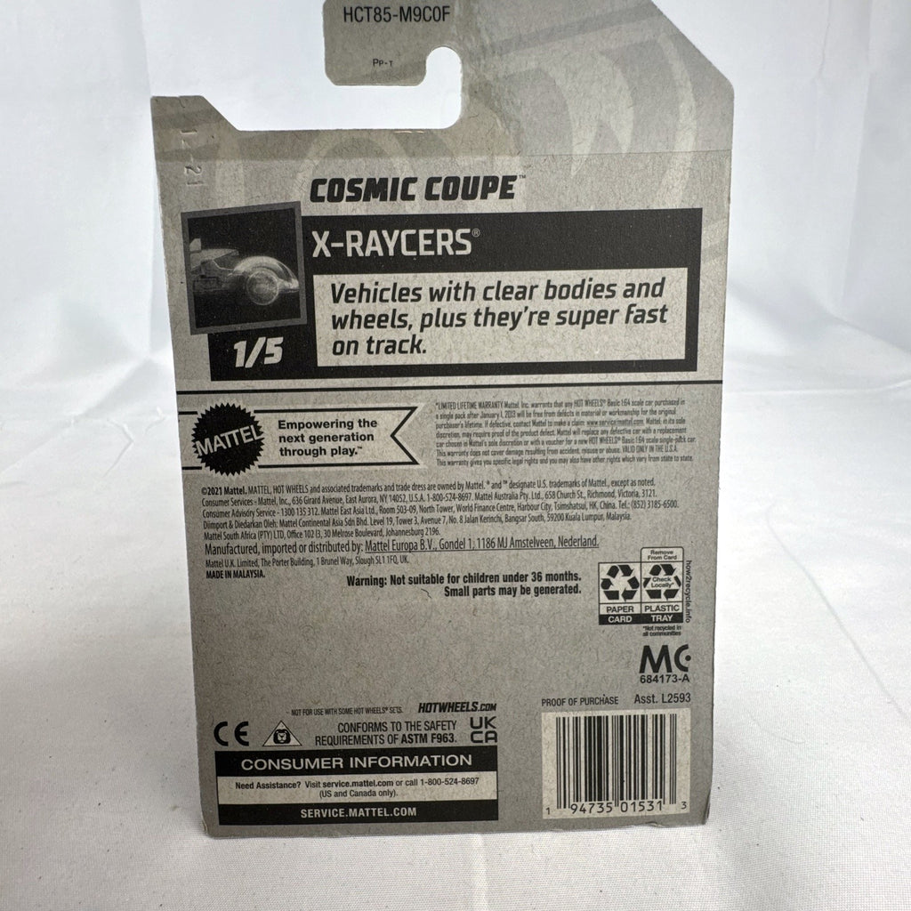 Hot Wheels Cosmic Coupe 1:64 scale translucent clear red X-Raycers diecast car on original unopened packaging card.
