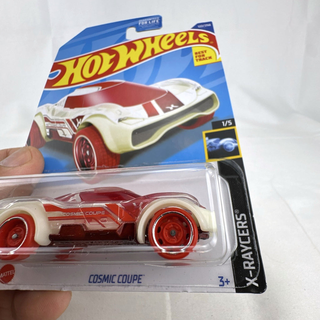 Hot Wheels Cosmic Coupe 1:64 scale translucent clear red X-Raycers diecast car on original unopened packaging card.