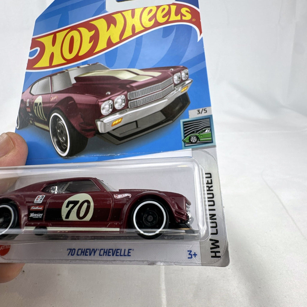 Hot Wheels 1:64 scale 1970 Chevrolet Chevelle SS HW Contoured diecast car in original sealed blister card packaging.