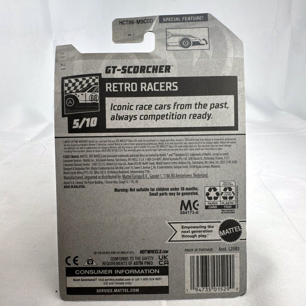 Hot Wheels GT-Scorcher 1:64 diecast race car in red, factory sealed in original 2022 packaging