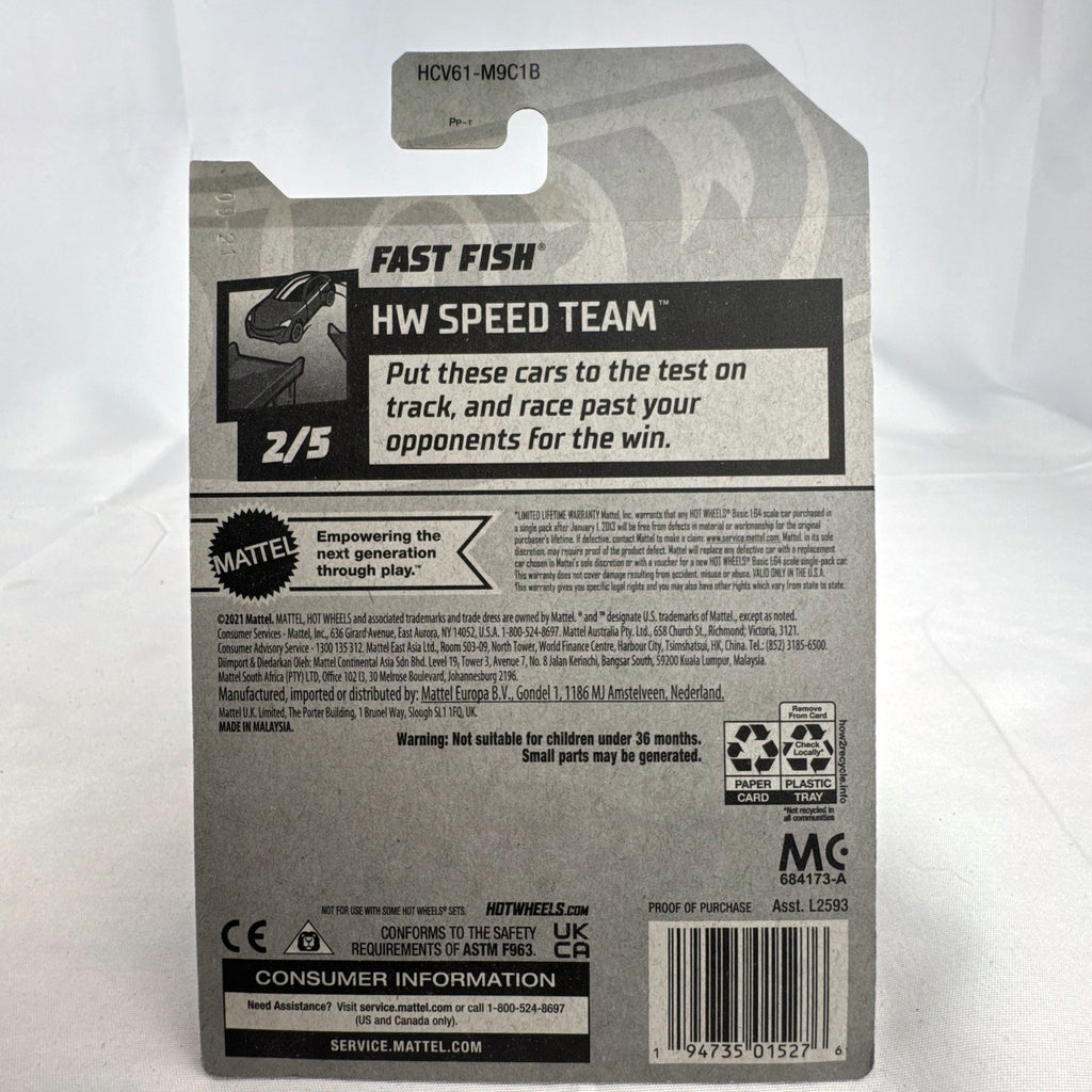 Hot Wheels 1:64 scale Fast Fish diecast muscle car in yellow sealed on original 2022 HW Speed Team card