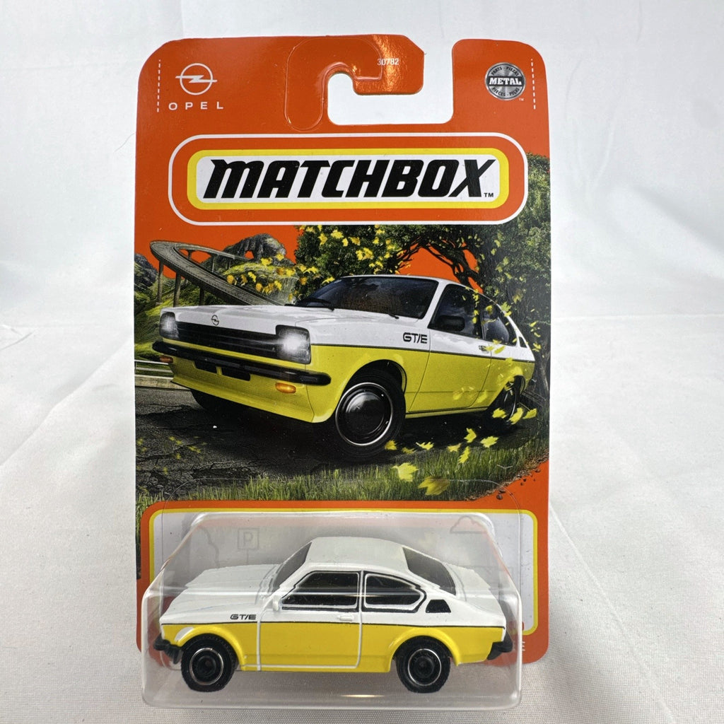 Matchbox 1:64 scale 1975 Opel Kadett C GT/E diecast car in white and yellow sealed on blister card