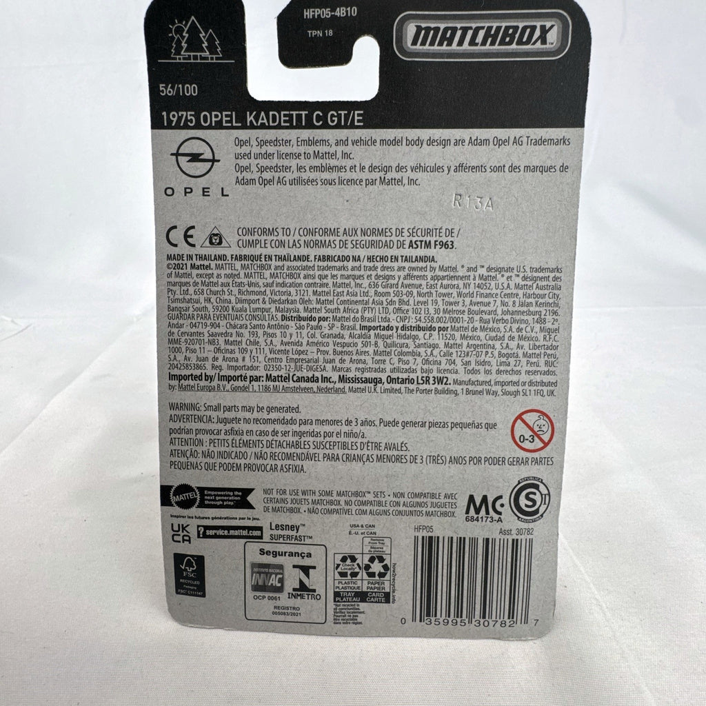 Matchbox 1:64 scale 1975 Opel Kadett C GT/E diecast car in white and yellow sealed on blister card