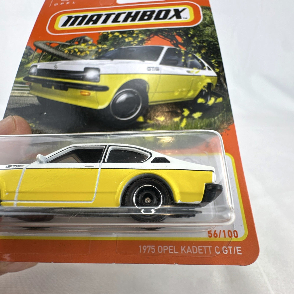 Matchbox 1:64 scale 1975 Opel Kadett C GT/E diecast car in white and yellow sealed on blister card