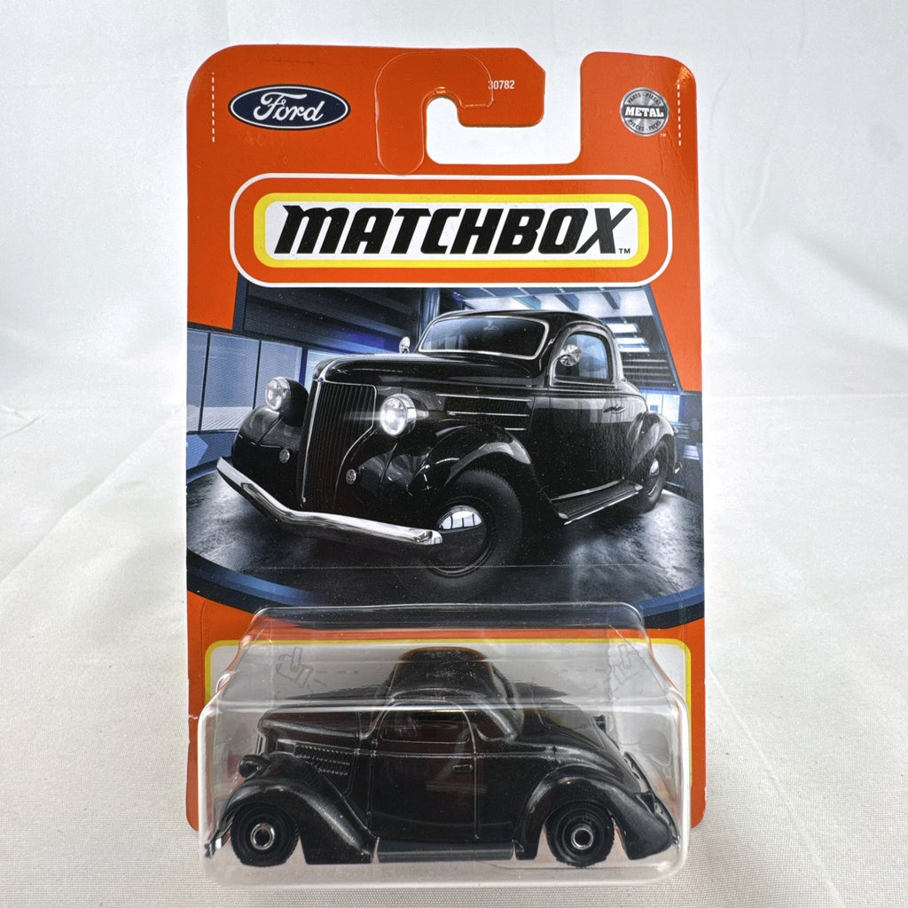 Matchbox 1:64 scale 1936 Ford Coupe diecast hot rod in black, factory sealed on original card
