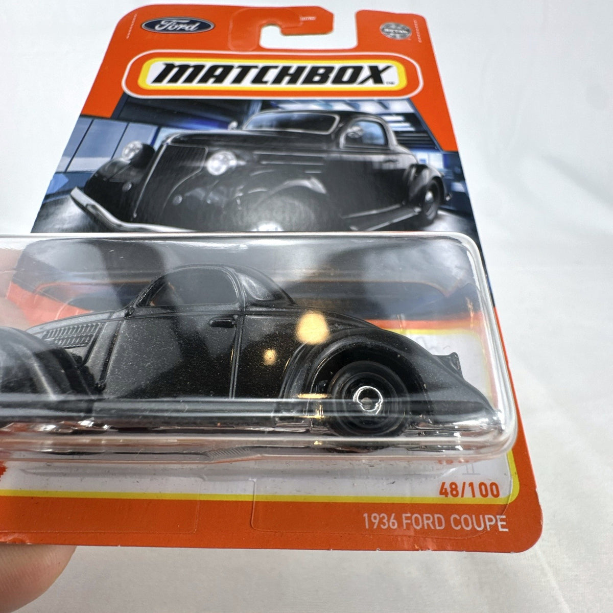 Matchbox 1:64 scale 1936 Ford Coupe diecast hot rod in black, factory sealed on original card