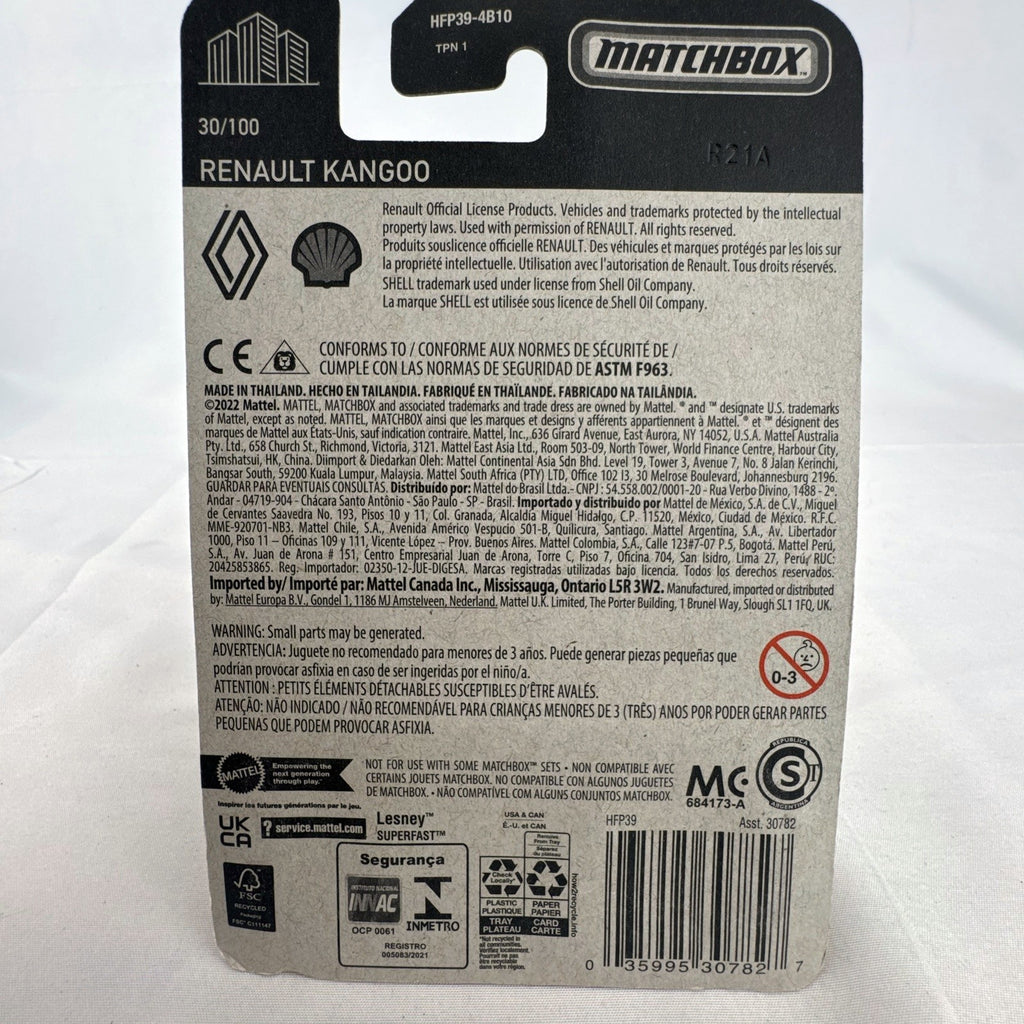 Matchbox 1:64 diecast 2018 Renault Kangoo Express van in white with Shell Oil Service livery, sealed on original card.
