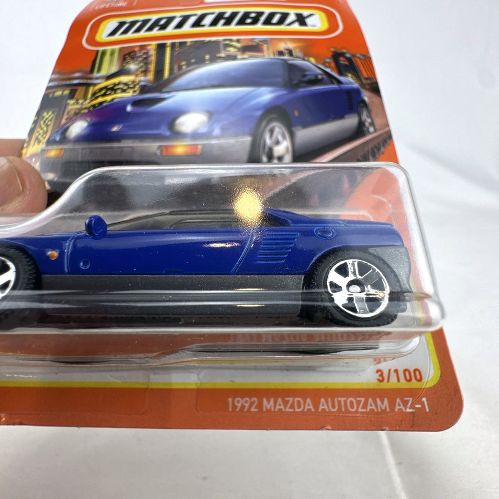 Matchbox 1:64 scale 1992 Mazda Autozam AZ-1 diecast model car in blue, 70th Anniversary series.