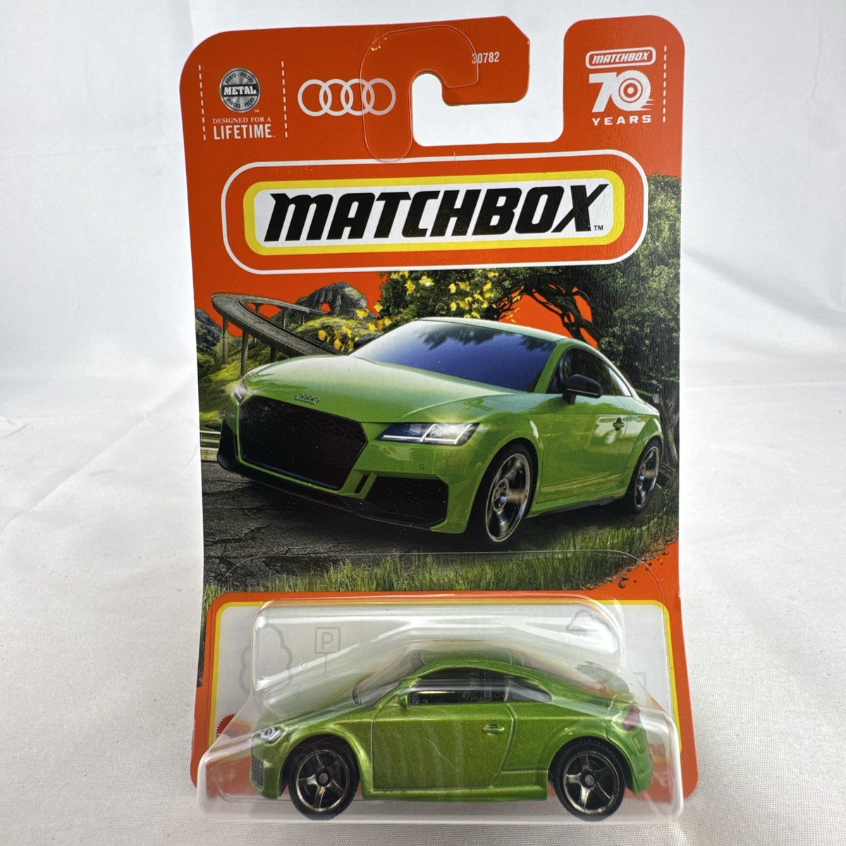 Matchbox 2019 Audi TT RS Coupe 1:64 scale diecast in metallic green, factory sealed in 70th Anniversary carded packaging