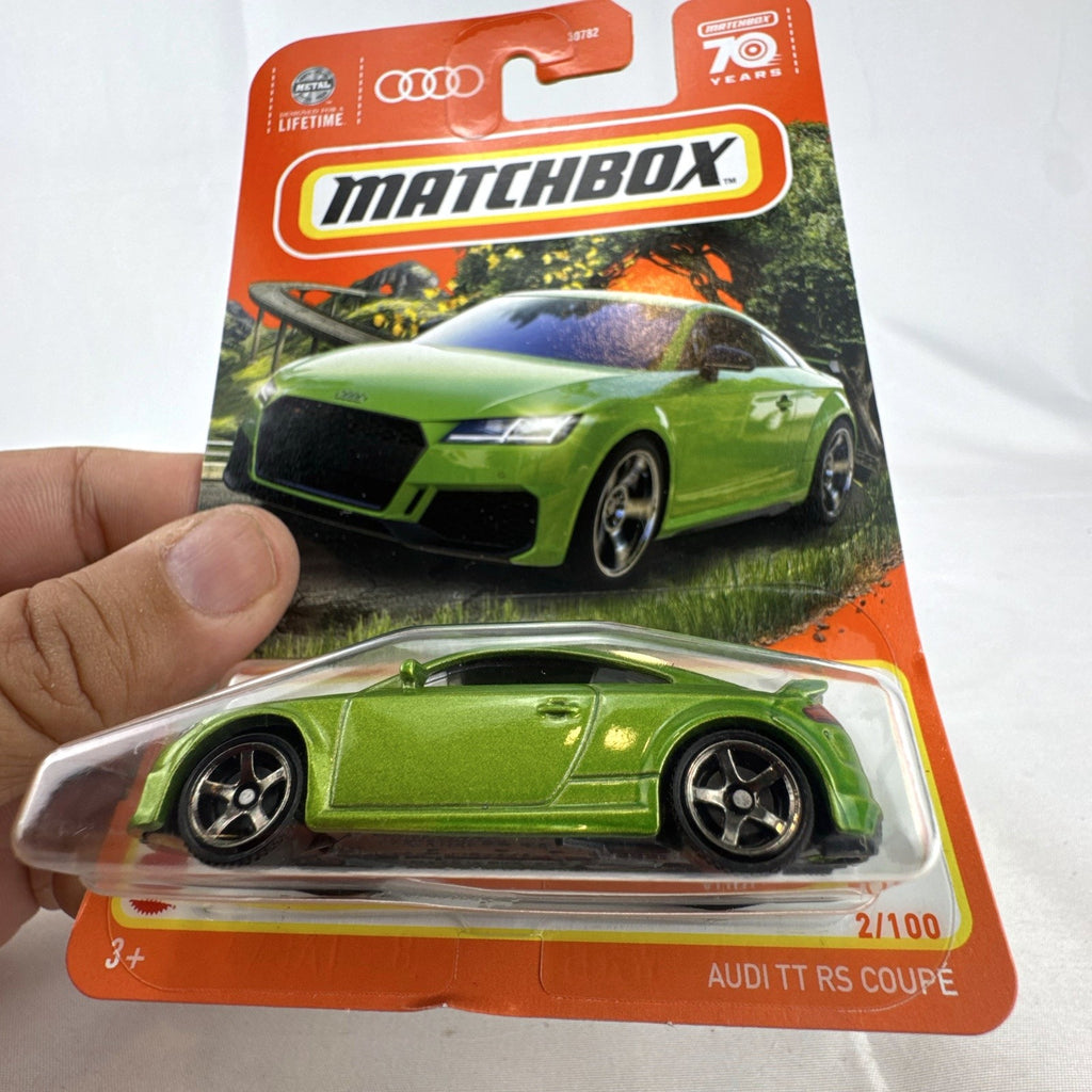 Matchbox 2019 Audi TT RS Coupe 1:64 scale diecast in metallic green, factory sealed in 70th Anniversary carded packaging