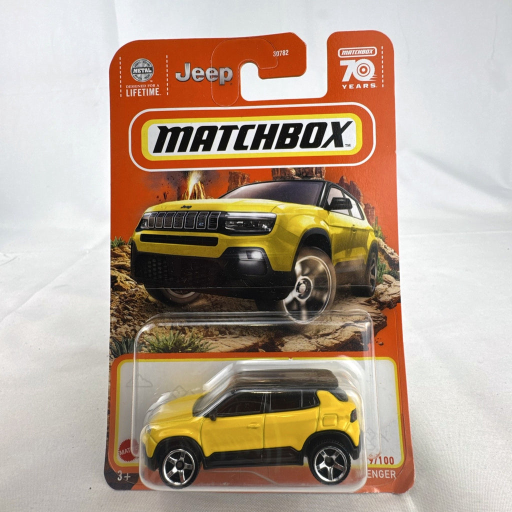Matchbox 1:64 scale 2023 Jeep Avenger diecast SUV in yellow with black roof, 70th Anniversary edition sealed on card