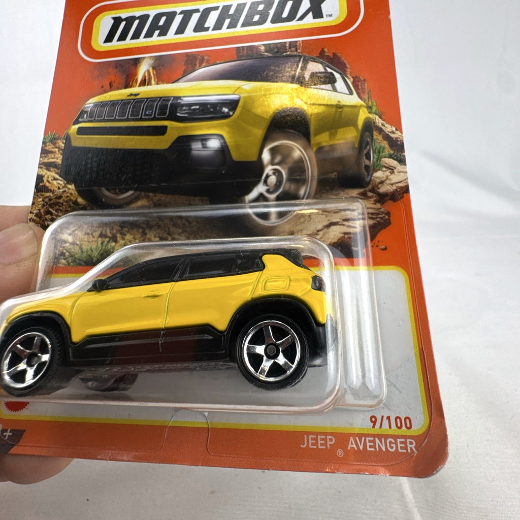 Matchbox 1:64 scale 2023 Jeep Avenger diecast SUV in yellow with black roof, 70th Anniversary edition sealed on card