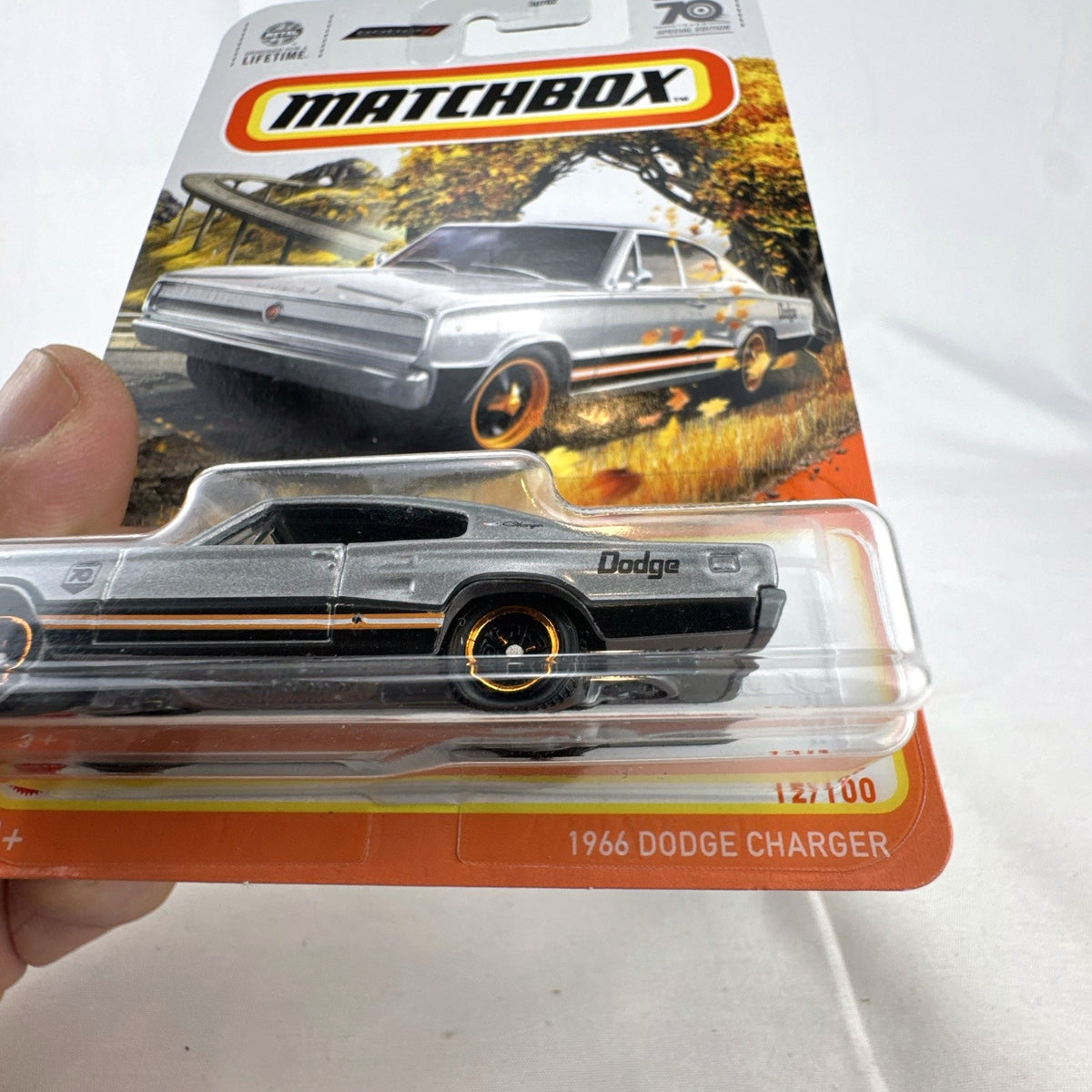Matchbox 1:64 scale 1966 Dodge Charger diecast car in metallic silver from the 70 Years Special Edition series sealed on card