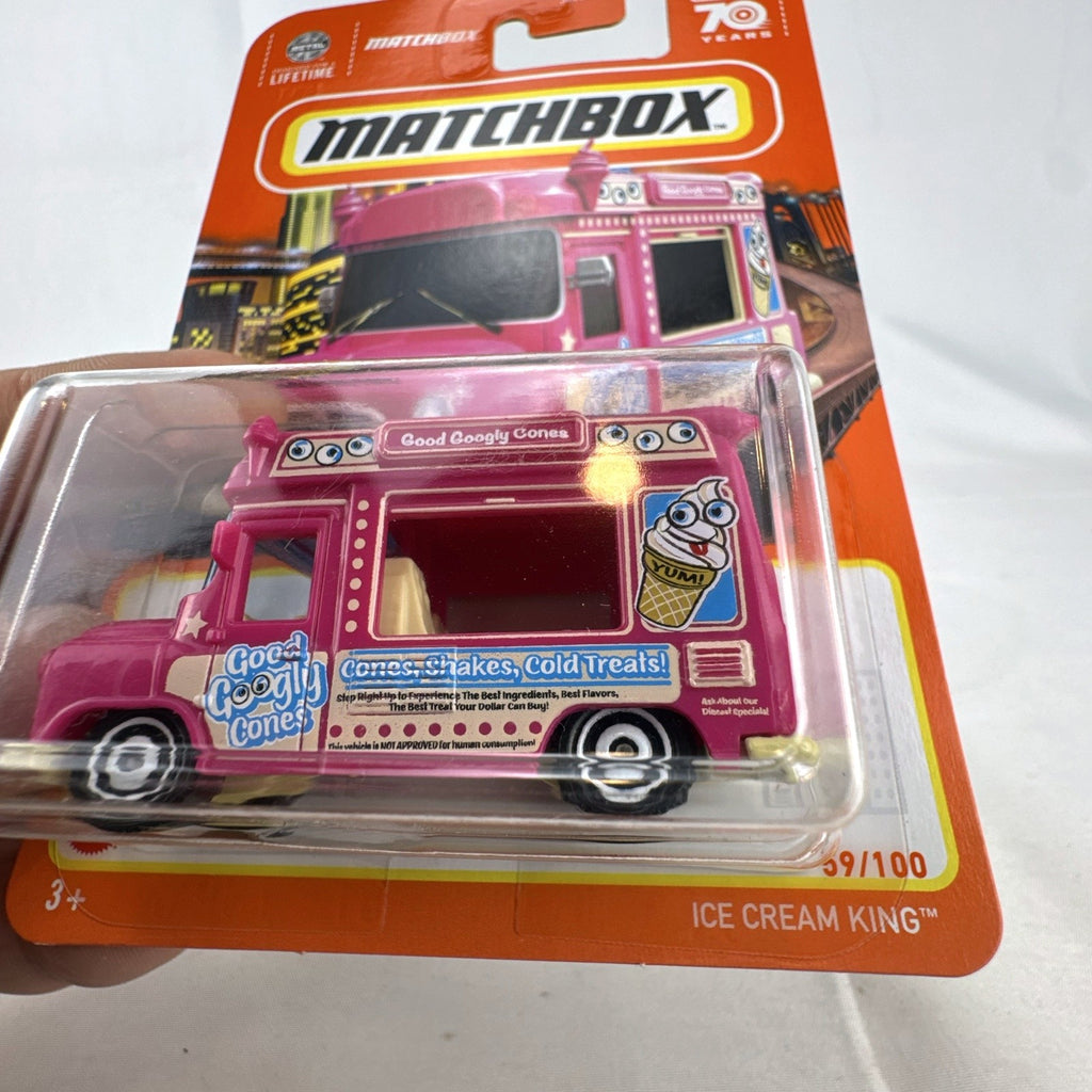 Matchbox 1:64 scale 70th Anniversary Ice Cream King diecast van in pink factory sealed on card
