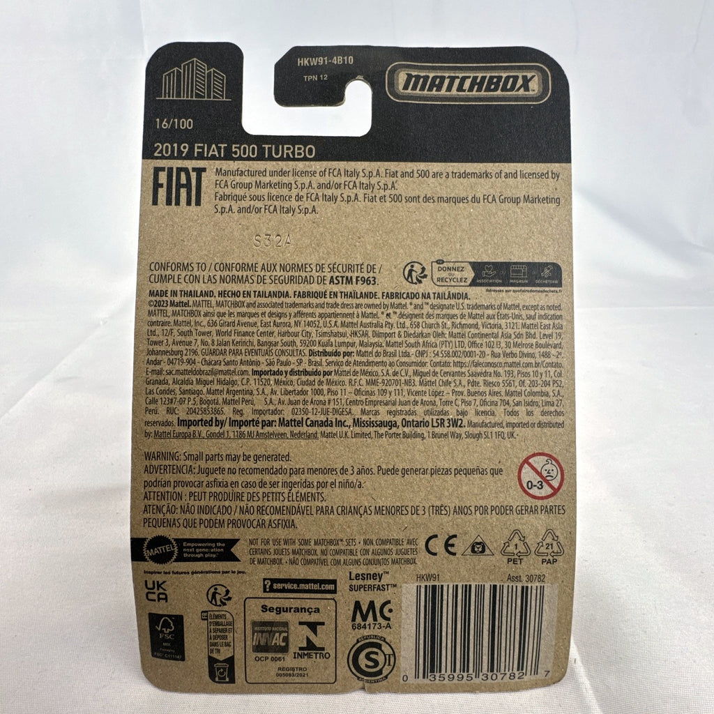 Matchbox 70th Anniversary 2019 Fiat 500 Turbo 1:64 scale diecast car in gloss black on original unopened card.