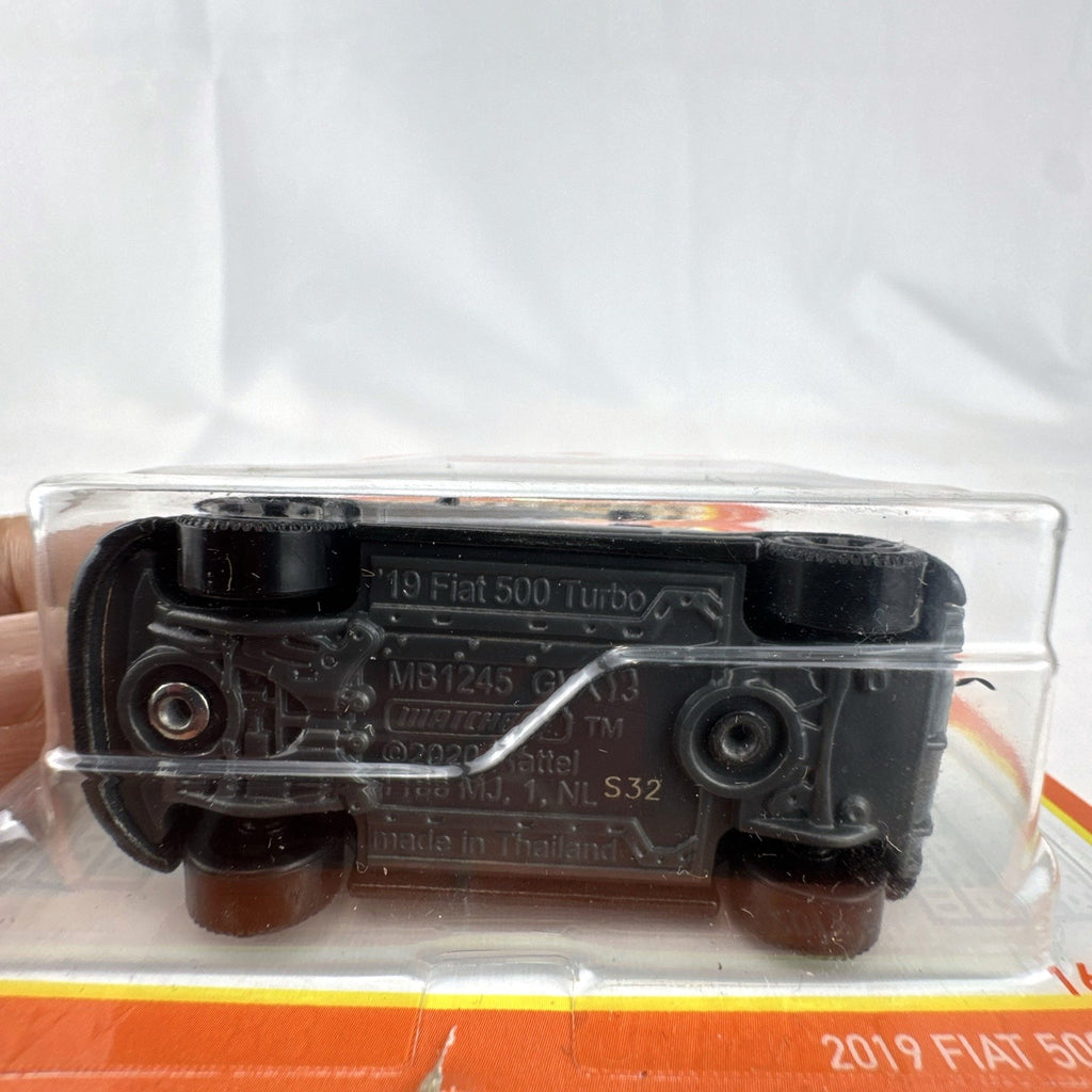 Matchbox 70th Anniversary 2019 Fiat 500 Turbo 1:64 scale diecast car in gloss black on original unopened card.