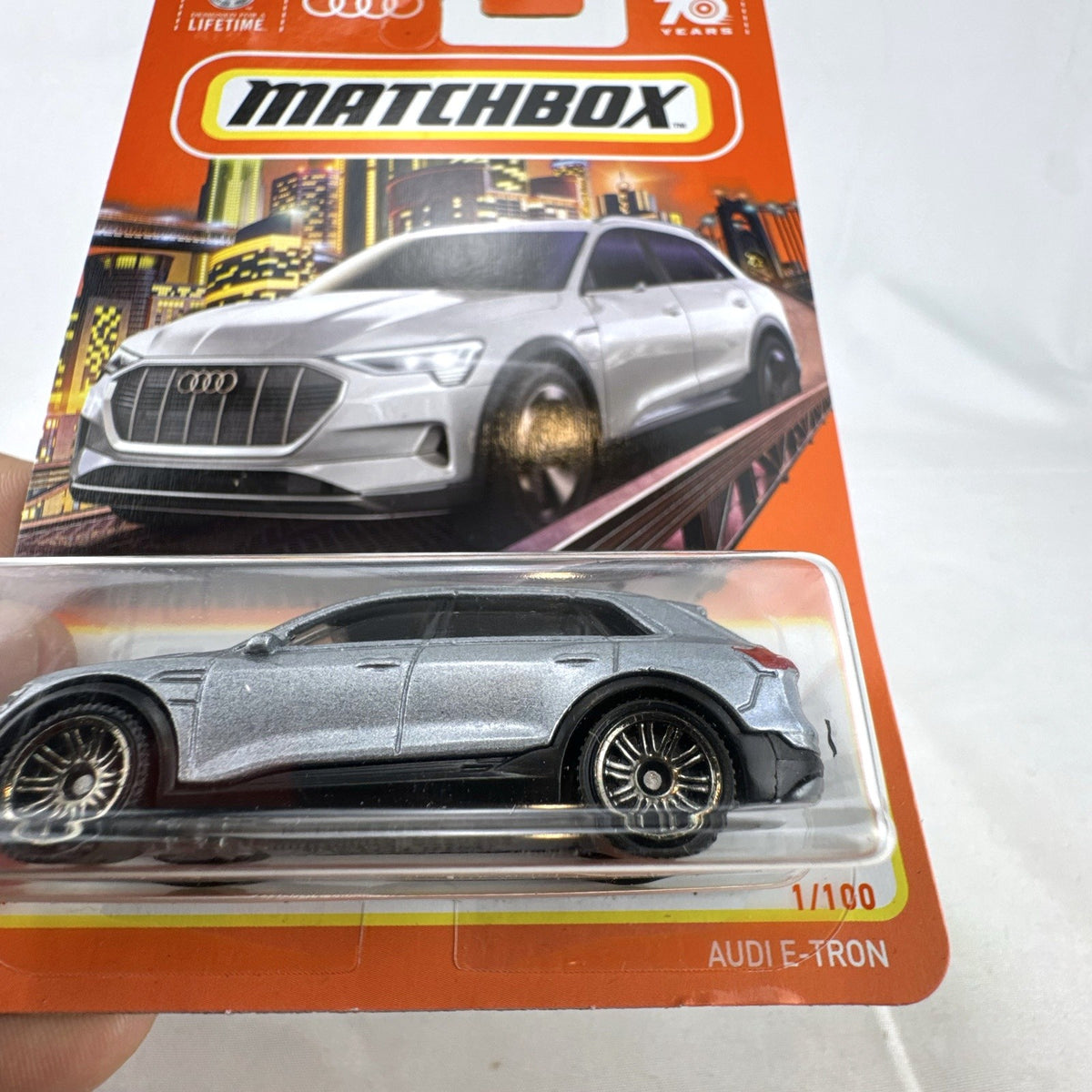 Matchbox 1:64 scale metallic silver Audi e-tron diecast SUV sealed on 70th Anniversary card