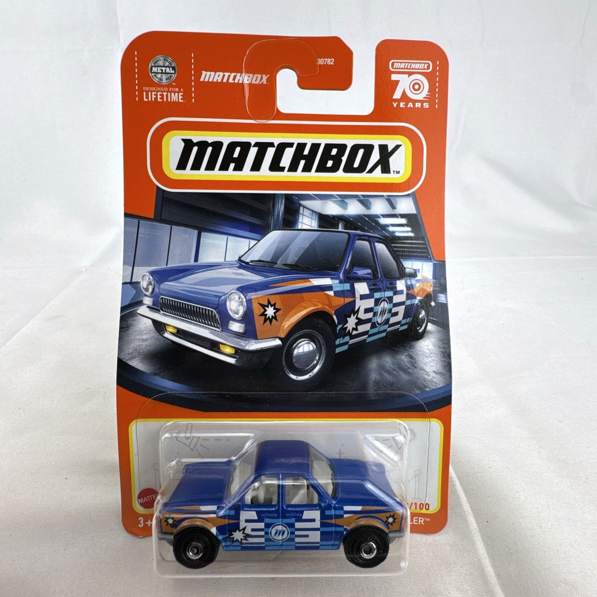 Matchbox 70th Anniversary Push'n Puller 1:64 scale blue diecast pickup truck in unopened blister pack.