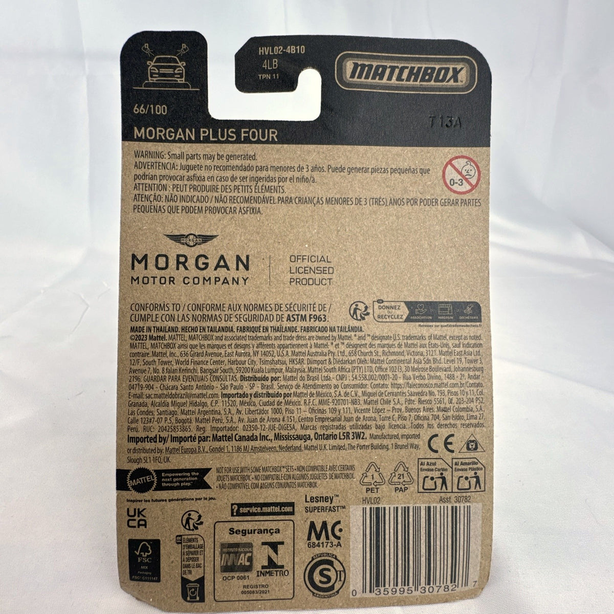 Matchbox 2024 Morgan Plus Four 1:64 scale metallic silver diecast car in factory sealed original card packaging.