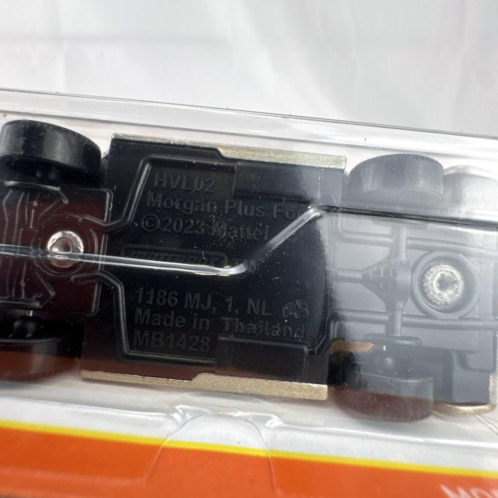 Matchbox 2024 Morgan Plus Four 1:64 scale metallic silver diecast car in factory sealed original card packaging.