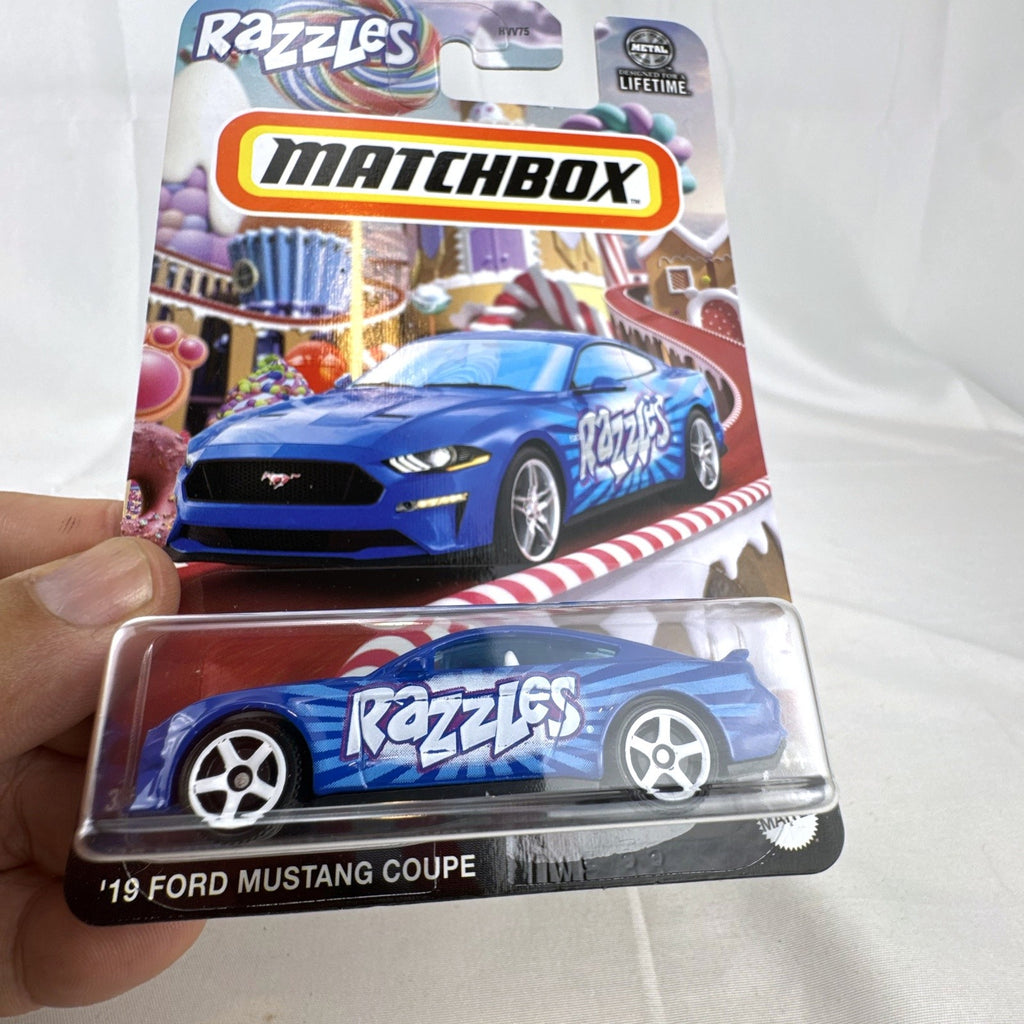 Matchbox 1:64 scale 2019 Ford Mustang Coupe Razzles Candy Series diecast in original sealed packaging.