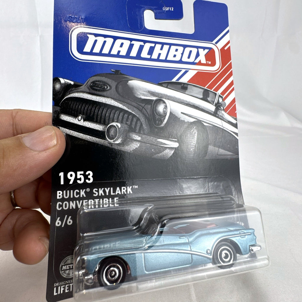 Sealed Matchbox 1:64 scale 1953 Buick Skylark Convertible diecast car in metallic light blue