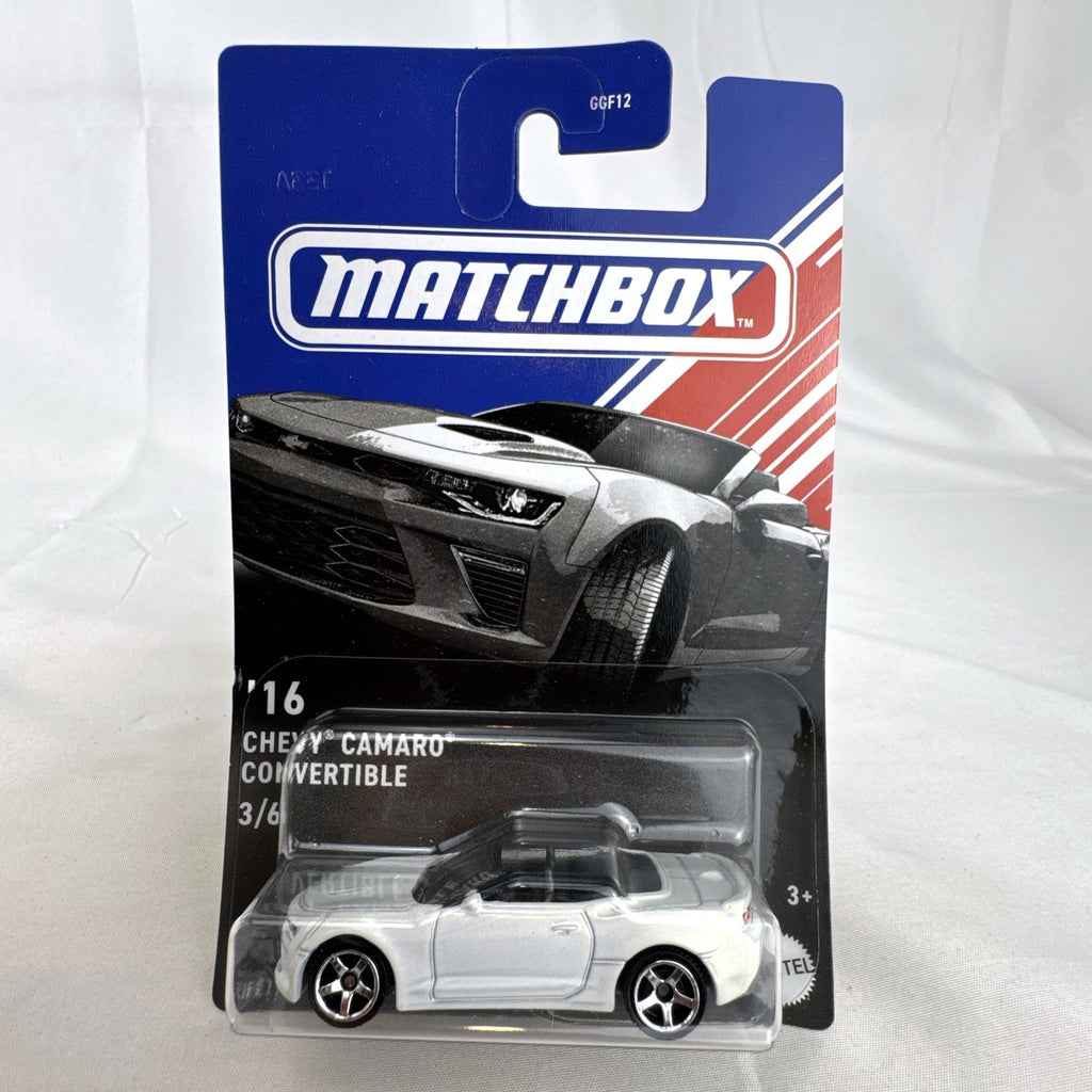Matchbox 2016 Chevrolet Camaro Convertible 1:64 diecast car in white, sealed in original packaging.