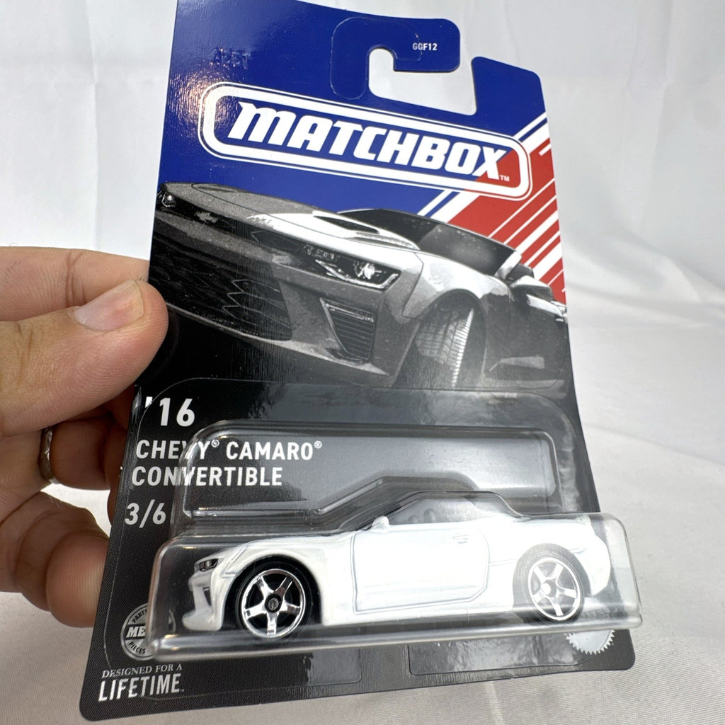 Matchbox 2016 Chevrolet Camaro Convertible 1:64 diecast car in white, sealed in original packaging.