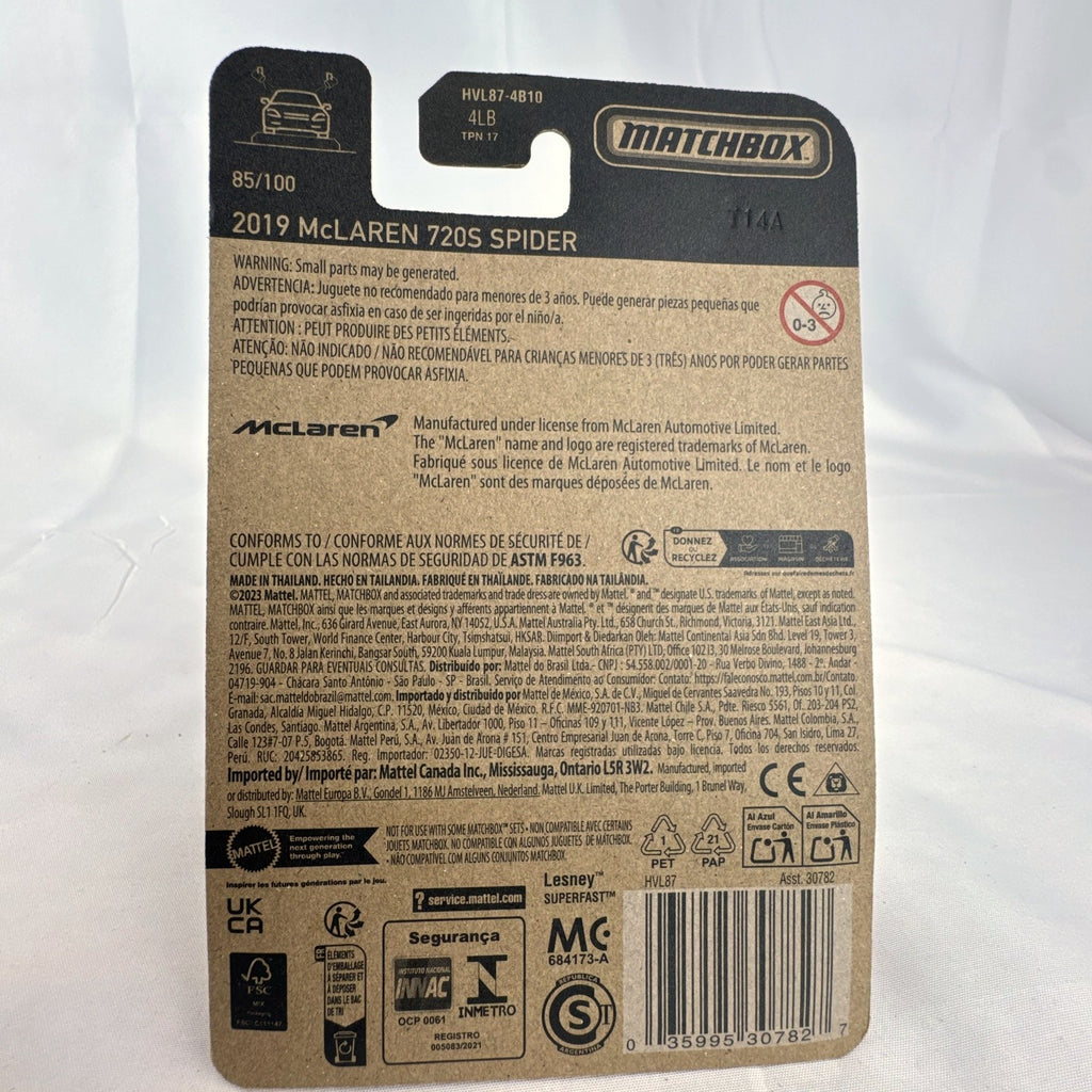 Matchbox 1:64 scale 2019 McLaren 720S Spider convertible diecast car in metallic purple, factory sealed on blister card.