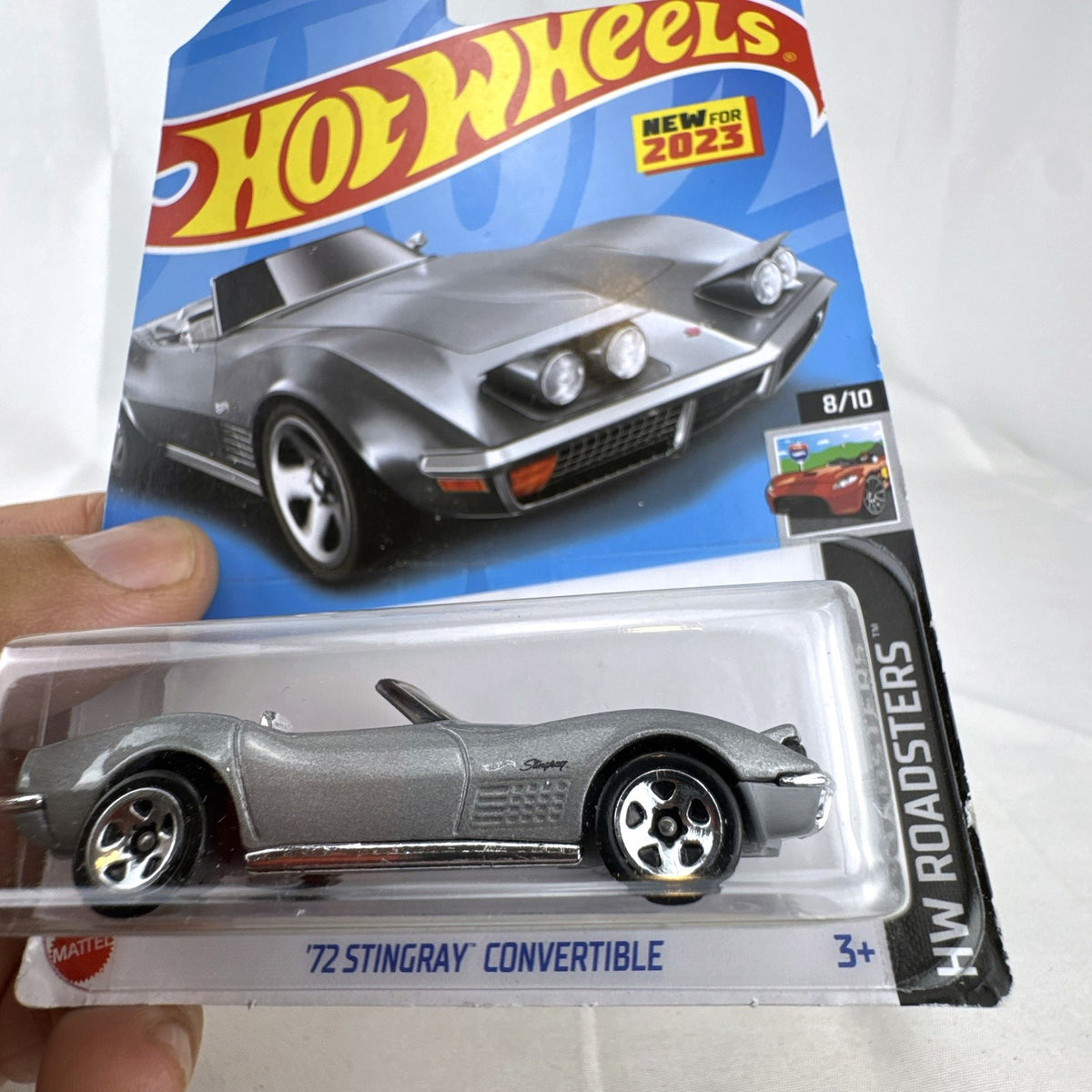 Hot Wheels 1972 Chevrolet Corvette Stingray Convertible 1:64 scale diecast car in metallic silver packaged on card.