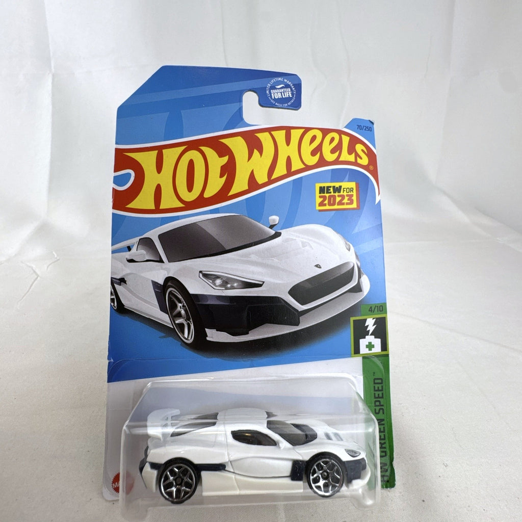 Sealed 2023 Hot Wheels 1:64 scale diecast Rimac Nevera car in white on original blister card.