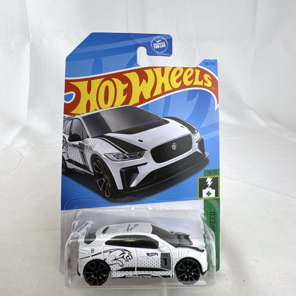 Hot Wheels 1:64 scale Jaguar I-Pace eTrophy diecast race car in white sealed on original blister card
