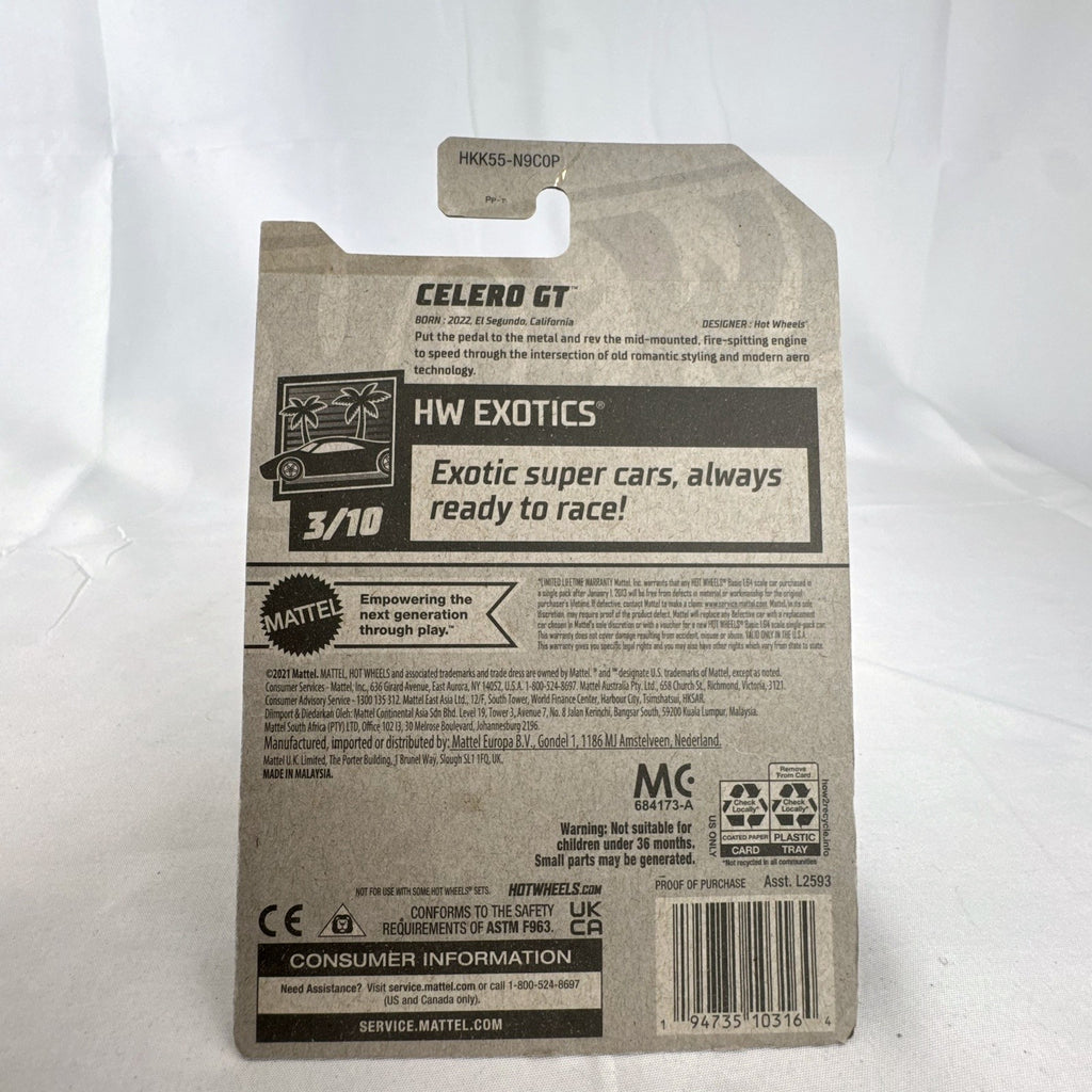 Sealed red Hot Wheels Celero GT 1:64 diecast car on original 2023 HW Exotics cardback