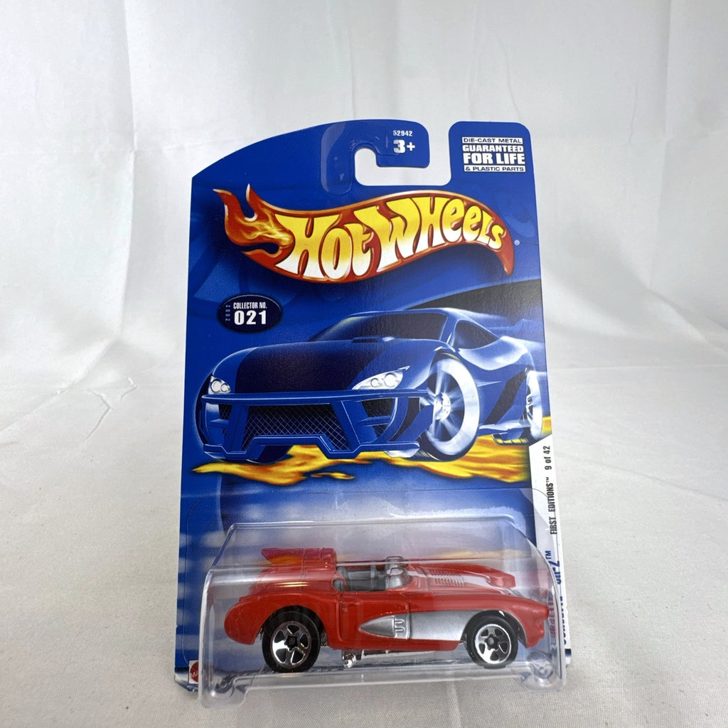 Hot Wheels 2002 First Editions 1956 Chevrolet Corvette SR-2 1:64 scale red diecast car in unopened packaging