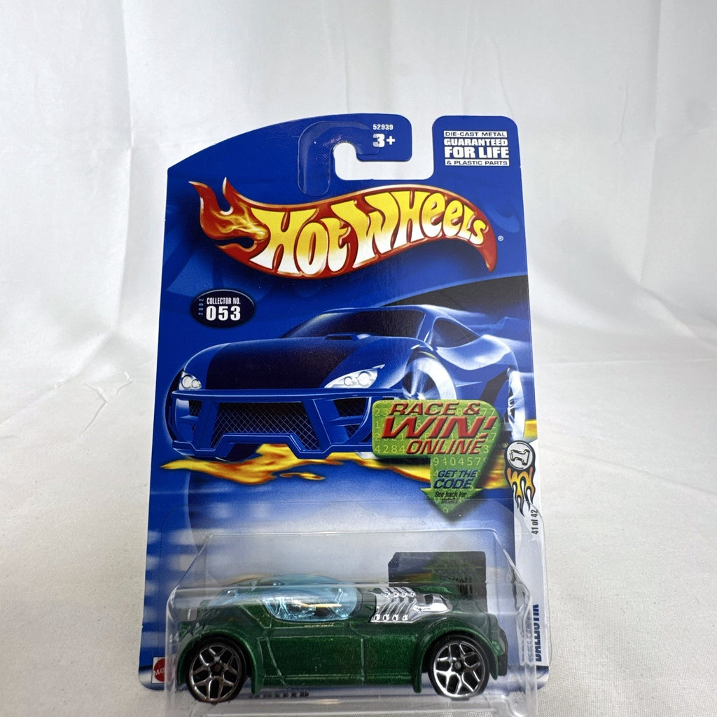 Hot Wheels 2002 First Editions Ballistik 1:64 diecast car in metallic green, unopened on original packaging.