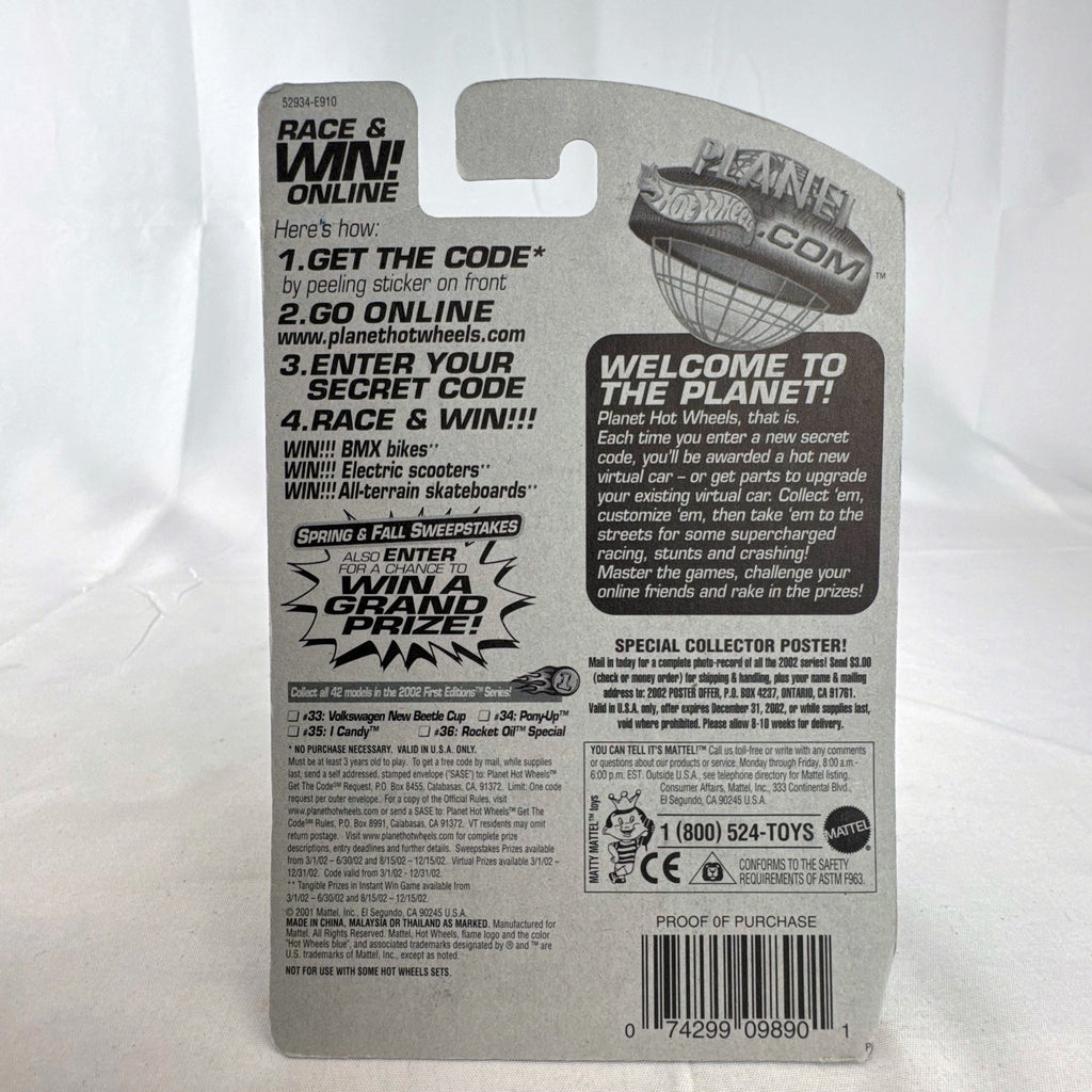 Hot Wheels 2002 First Editions Rocket Oil Special 1:64 scale diecast car in deep purple with chrome chassis, sealed in package.