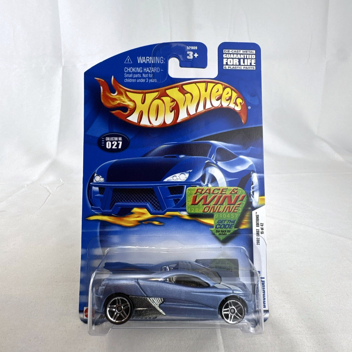 Sealed 2002 Hot Wheels First Editions Backdraft diecast car in metallic blue on original card package.