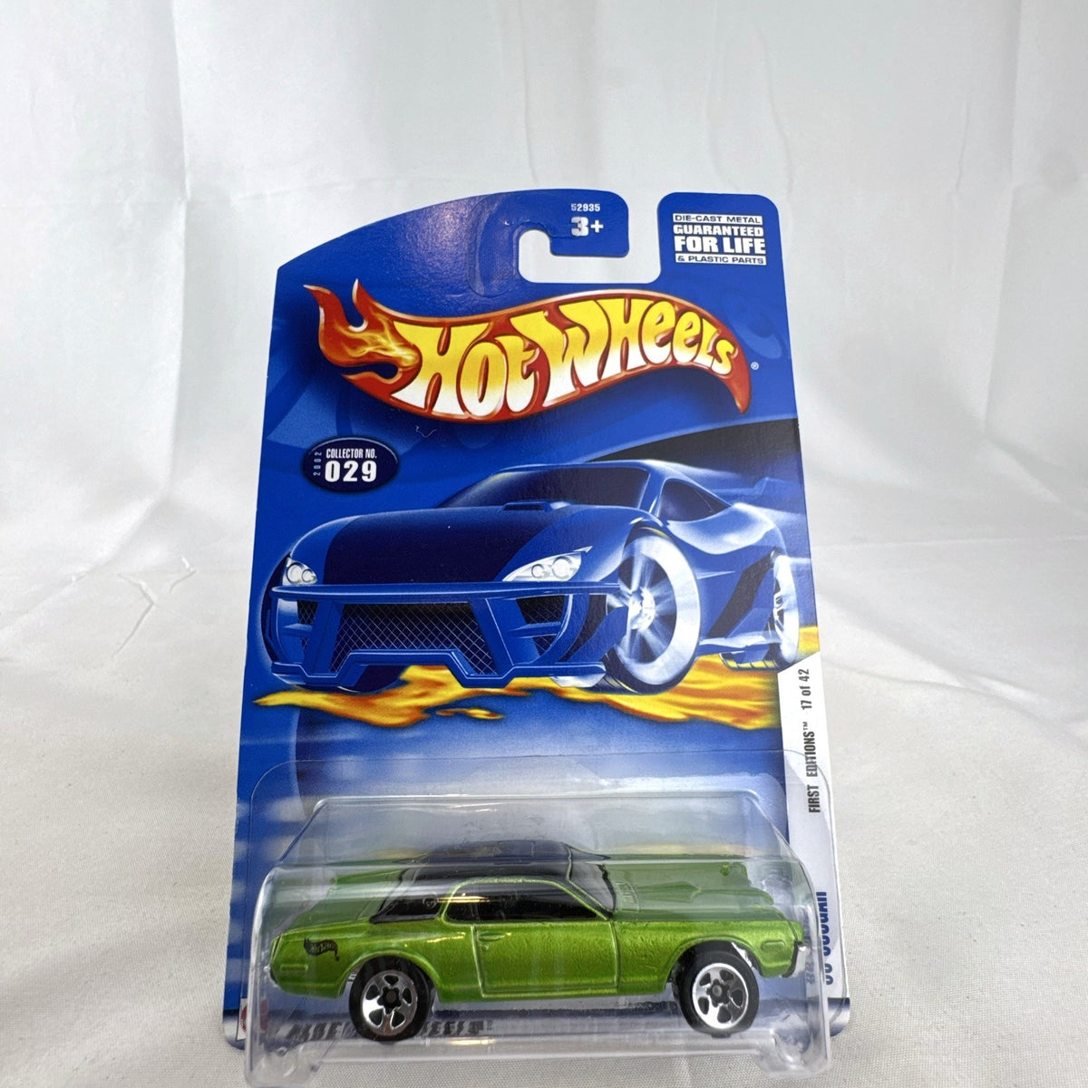 Hot Wheels 2002 First Editions 1968 Mercury Cougar 1:64 diecast car in metallic lime green, sealed on card.