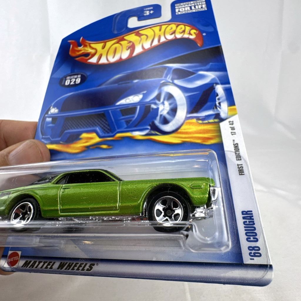 Hot Wheels 2002 First Editions 1968 Mercury Cougar 1:64 diecast car in metallic lime green, sealed on card.